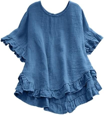 Women Spring Summer Clothing Solid Button Back Ruffled Trim Blouse Casual Short Sleeve Blouse Womens Linen Warm Work