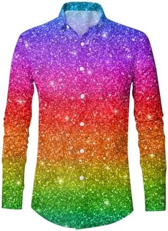 Mens Sequin Fashion Digital 3D Printed Long Sleeve Lapel Button Down Shirt Top Long Sleeve Shirt Loose