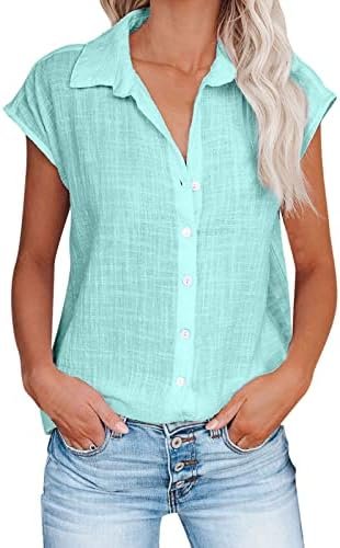 Womens Button Down Cotton Linen Shirts V Neck Roll Up Short Sleeve Blouses Loose Collared Shirt Casual Work Tops