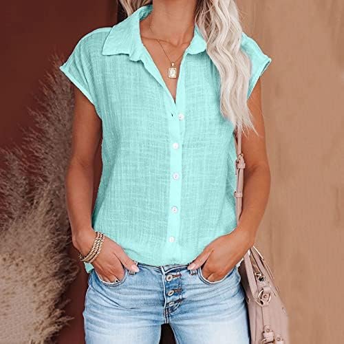 Womens Button Down Cotton Linen Shirts V Neck Roll Up Short Sleeve Blouses Loose Collared Shirt Casual Work Tops