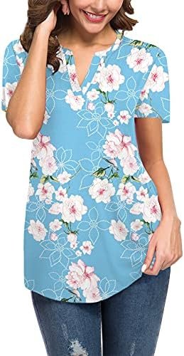 Women Casual Split V Neckline Loose Tunic Blouses Short Sleeve Tops