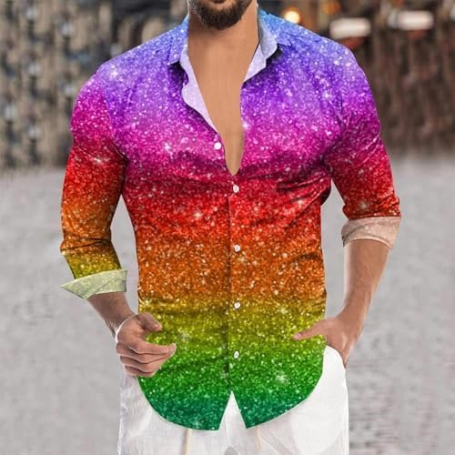 Mens Sequin Fashion Digital 3D Printed Long Sleeve Lapel Button Down Shirt Top Long Sleeve Shirt Loose