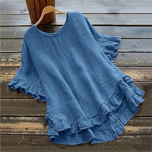 Women Spring Summer Clothing Solid Button Back Ruffled Trim Blouse Casual Short Sleeve Blouse Womens Linen Warm Work