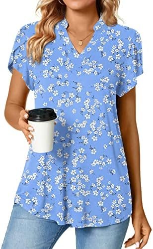 Womens Summer Tops Notch V Neck Tunic Tops Petal Short Sleeve Loose Work Blouse Tshirts