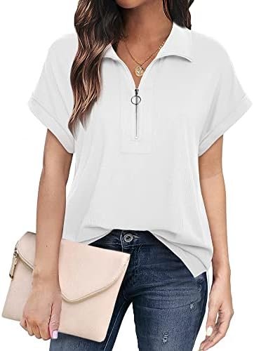 Women's Short Sleeve Tops and Blouses Zipper Collar V Neck Business Casual Tops Loose Fit Tunic Shirt Polo Shirts
