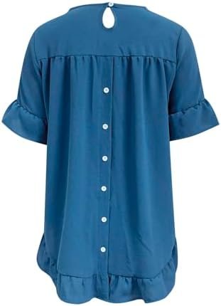 Women Spring Summer Clothing Solid Button Back Ruffled Trim Blouse Casual Short Sleeve Blouse Womens Linen Warm Work
