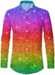 Mens Sequin Fashion Digital 3D Printed Long Sleeve Lapel Button Down Shirt Top Long Sleeve Shirt Loose