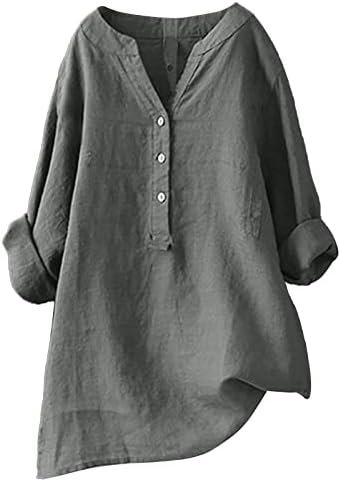 Loose Button Down Blouse Tops Stand Solid Sleeve Long Casual Women Linen Shirt Blouse Shirt and Long Skirt Set for