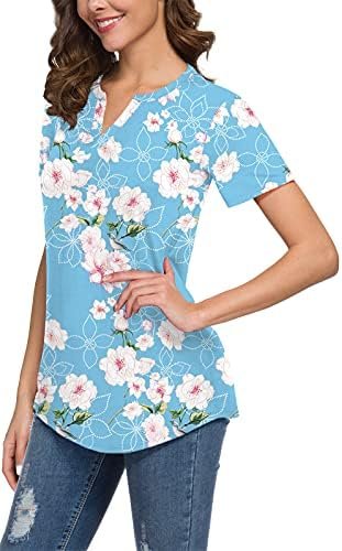 Women Casual Split V Neckline Loose Tunic Blouses Short Sleeve Tops