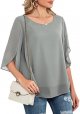 Womens Casual Scoop Neck Loose Top 3/4 Sleeve Chiffon Blouse Shirt Tops
