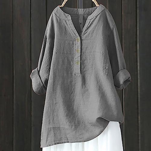 Loose Button Down Shirts for Women Fall Trendy Solid Tunic Tops Daily Casual Going Out 3/4 Sleeve V Neck Blouses