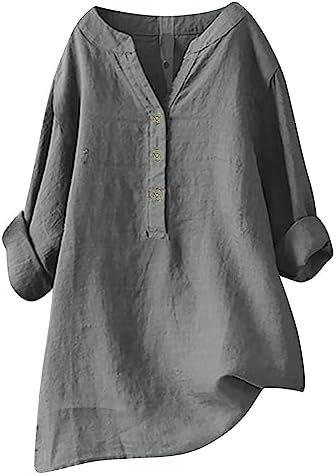 Loose Button Down Shirts for Women Fall Trendy Solid Tunic Tops Daily Casual Going Out 3/4 Sleeve V Neck Blouses