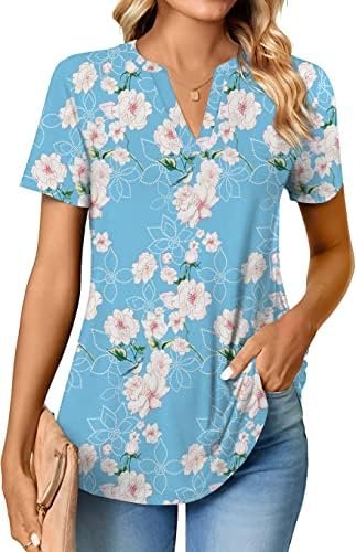Women Casual Split V Neckline Loose Tunic Blouses Short Sleeve Tops