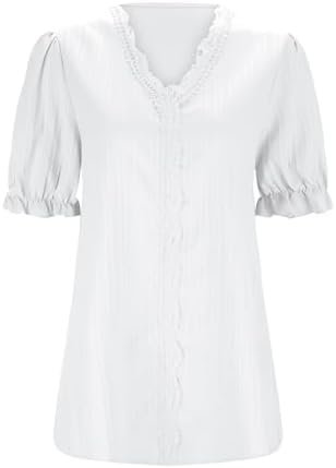 Women Summer Lace V Neck Plain Lace Elegant Shirt Fashion Solid Color Elegant Blouse Short Sleeve Comfy Soft Tee