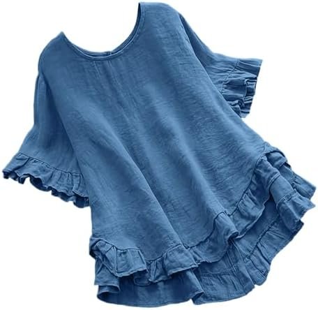 Women Spring Summer Clothing Solid Button Back Ruffled Trim Blouse Casual Short Sleeve Blouse Womens Linen Warm Work