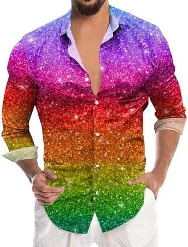 Mens Sequin Fashion Digital 3D Printed Long Sleeve Lapel Button Down Shirt Top Long Sleeve Shirt Loose