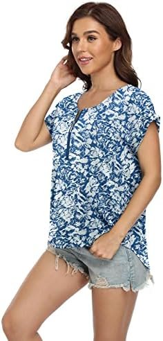 Women's Summer Casual Rolled Cuff Zip Half Placket Chiffon Short Sleeve Top Blouses