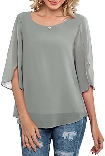 Womens Casual Scoop Neck Loose Top 3/4 Sleeve Chiffon Blouse Shirt Tops