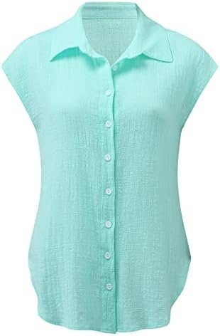 Womens Button Down Cotton Linen Shirts V Neck Roll Up Short Sleeve Blouses Loose Collared Shirt Casual Work Tops
