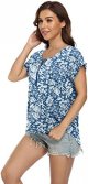 Women's Summer Casual Rolled Cuff Zip Half Placket Chiffon Short Sleeve Top Blouses
