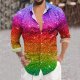 Mens Sequin Fashion Digital 3D Printed Long Sleeve Lapel Button Down Shirt Top Long Sleeve Shirt Loose