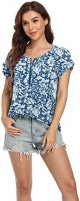 Women's Summer Casual Rolled Cuff Zip Half Placket Chiffon Short Sleeve Top Blouses