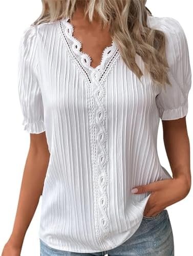 Women Summer Lace V Neck Plain Lace Elegant Shirt Fashion Solid Color Elegant Blouse Short Sleeve Comfy Soft Tee