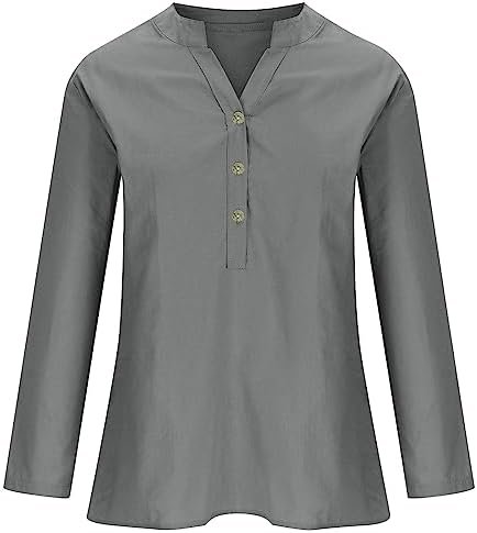 Loose Button Down Shirts for Women Fall Trendy Solid Tunic Tops Daily Casual Going Out 3/4 Sleeve V Neck Blouses