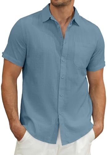 Mens Casual Button Down Shirts Short Sleeve Cotton Dress Shirt