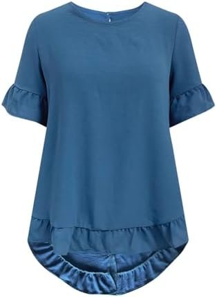 Women Spring Summer Clothing Solid Button Back Ruffled Trim Blouse Casual Short Sleeve Blouse Womens Linen Warm Work