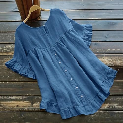 Women Spring Summer Clothing Solid Button Back Ruffled Trim Blouse Casual Short Sleeve Blouse Womens Linen Warm Work