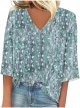 Women Fashion Casual Print 3/4 Sleeve Shirt Blouse V Neck Loose Top Long Sleeve Blouse Women Work