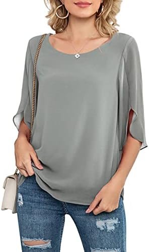 Womens Casual Scoop Neck Loose Top 3/4 Sleeve Chiffon Blouse Shirt Tops