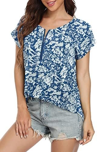Women's Summer Casual Rolled Cuff Zip Half Placket Chiffon Short Sleeve Top Blouses