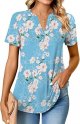 Women Casual Split V Neckline Loose Tunic Blouses Short Sleeve Tops